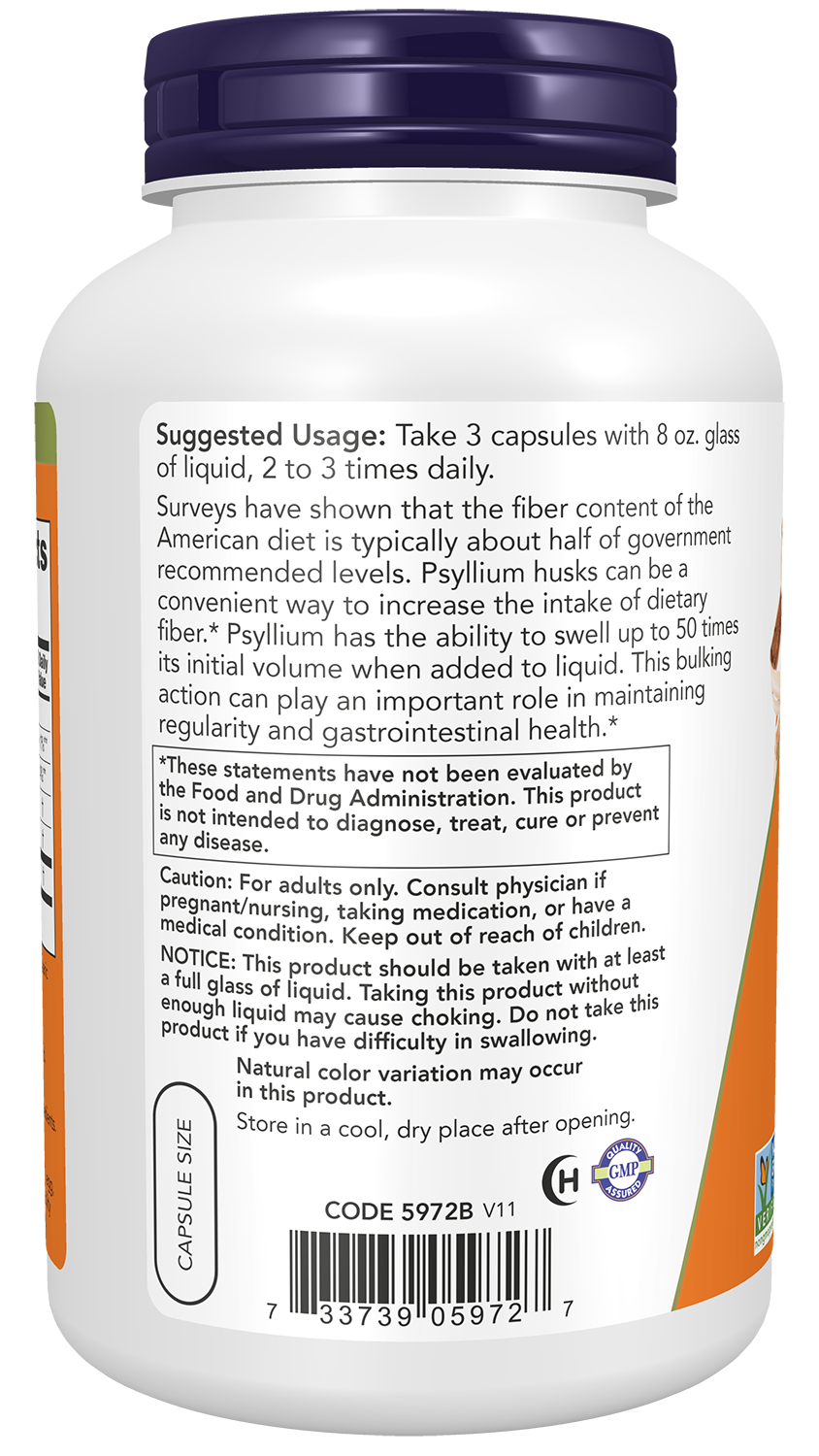 NOW Supplements, Psyllium Husk Caps 500mg, Intestinal Health*, 500 Veg Caps