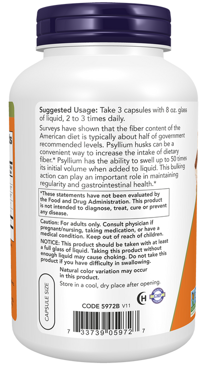 NOW Supplements, Psyllium Husk Caps 500mg, Intestinal Health*, 500 Veg Caps