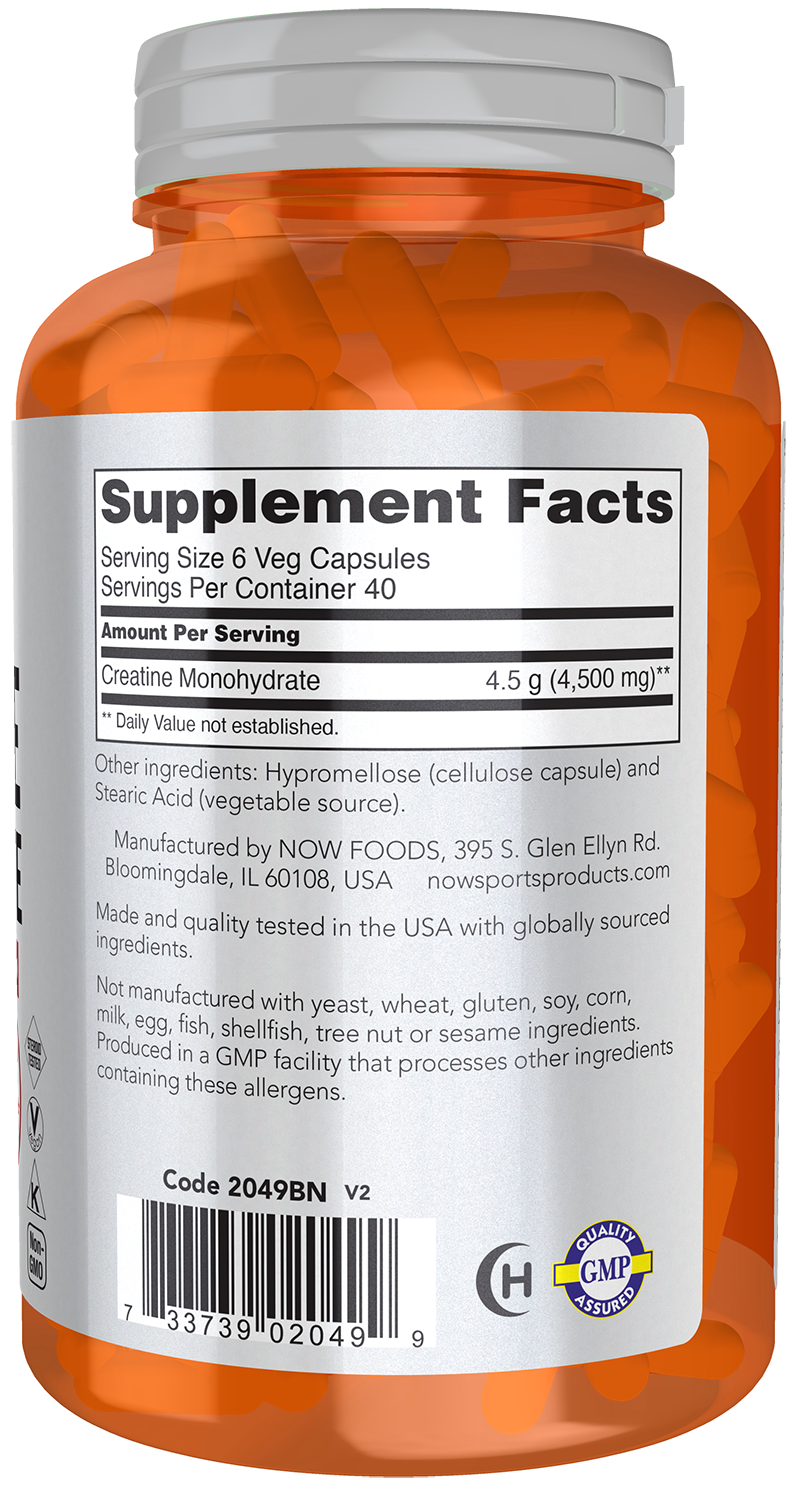 NOW Sports, Creatine Monohydrate 750 mg, Muscel Fuel*, 240 Veg Caps