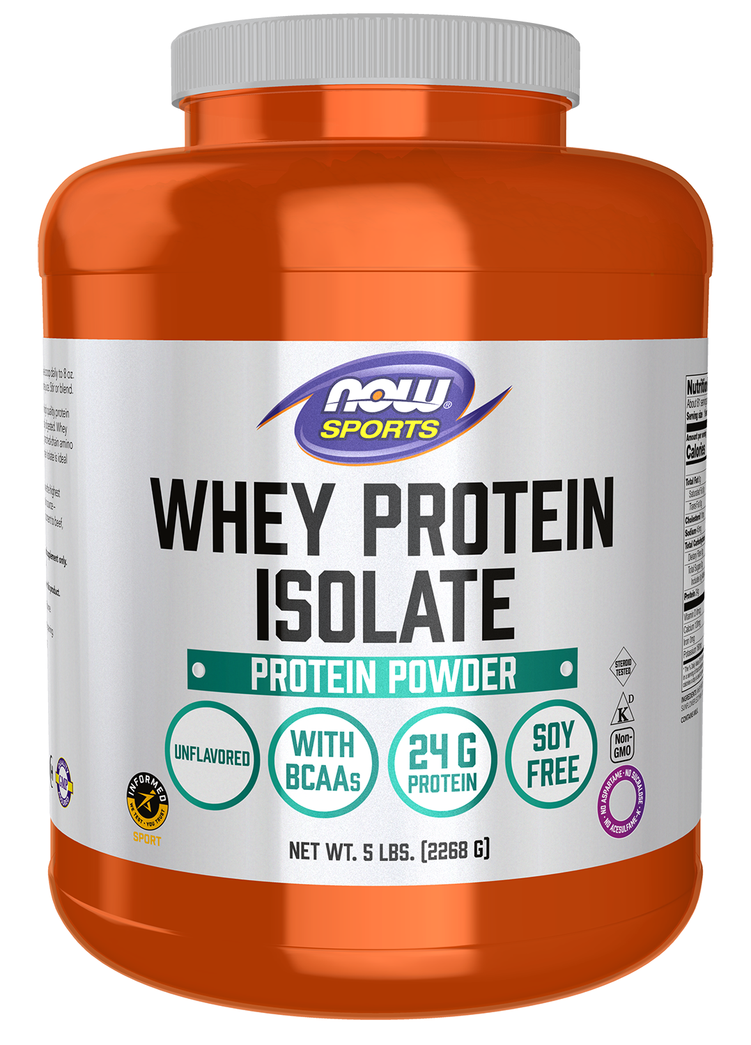 NOW Sports, Whey Protein Isolate 24 g With BCAAs, Unflavored Powder, 5 lbs