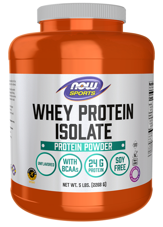 NOW Sports, Whey Protein Isolate 24 g With BCAAs, Unflavored Powder, 5 lbs