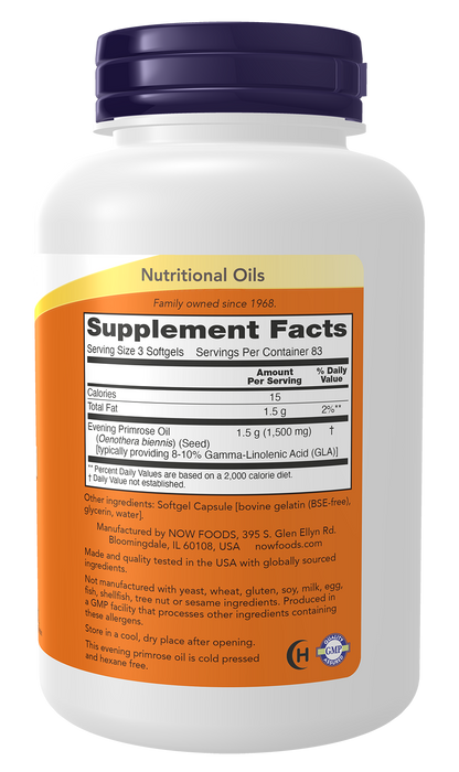 NOW Supplements, Evening Primrose Oil 500 mg with GLA, 250 Softgels