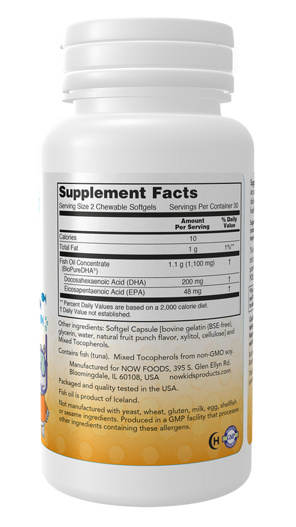 NOW Supplements, DHA Kids 100 mg, Fruit Flavor, 60 Chewable Softgels
