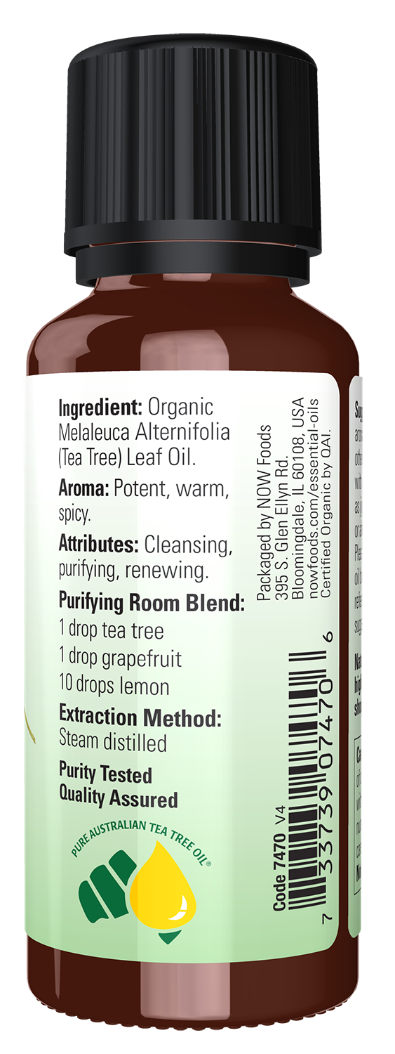 NOW Essential Oils, Organic Tea Tree Oil, Steam Dist., Undiluted, 1 fl. oz