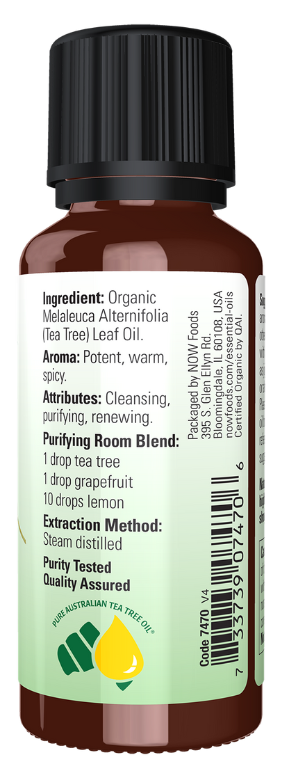 NOW Essential Oils, Organic Tea Tree Oil, Steam Dist., Undiluted, 1 fl. oz