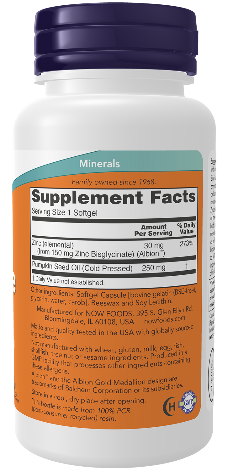 NOW Supplements, Zinc Glycinate with 250 mg Pumpkin Seed Oil, 120 Softgels