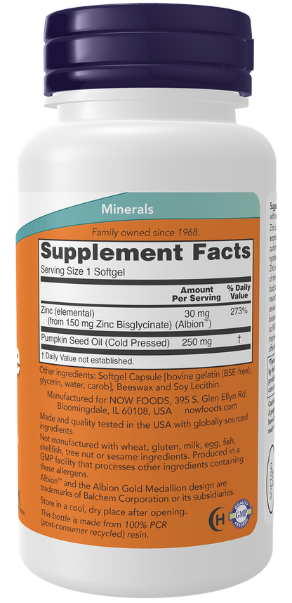 NOW Supplements, Zinc Glycinate with 250 mg Pumpkin Seed Oil, 120 Softgels