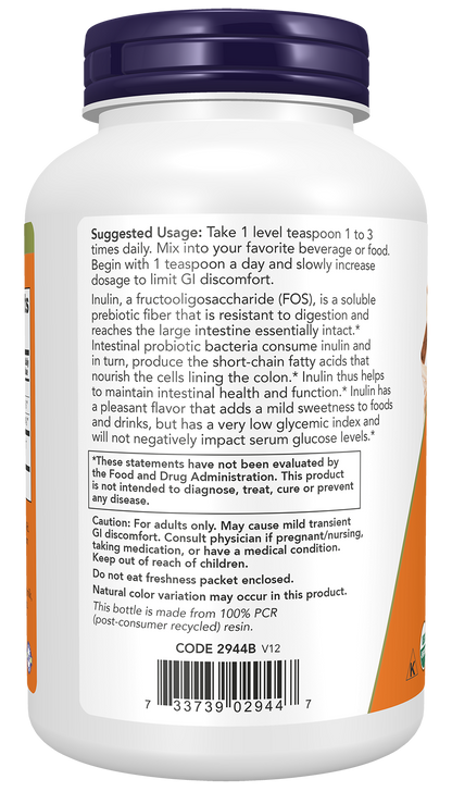 NOW Supplements, Inulin Prebiotic Pure Powder, Certified Organic, 8 oz