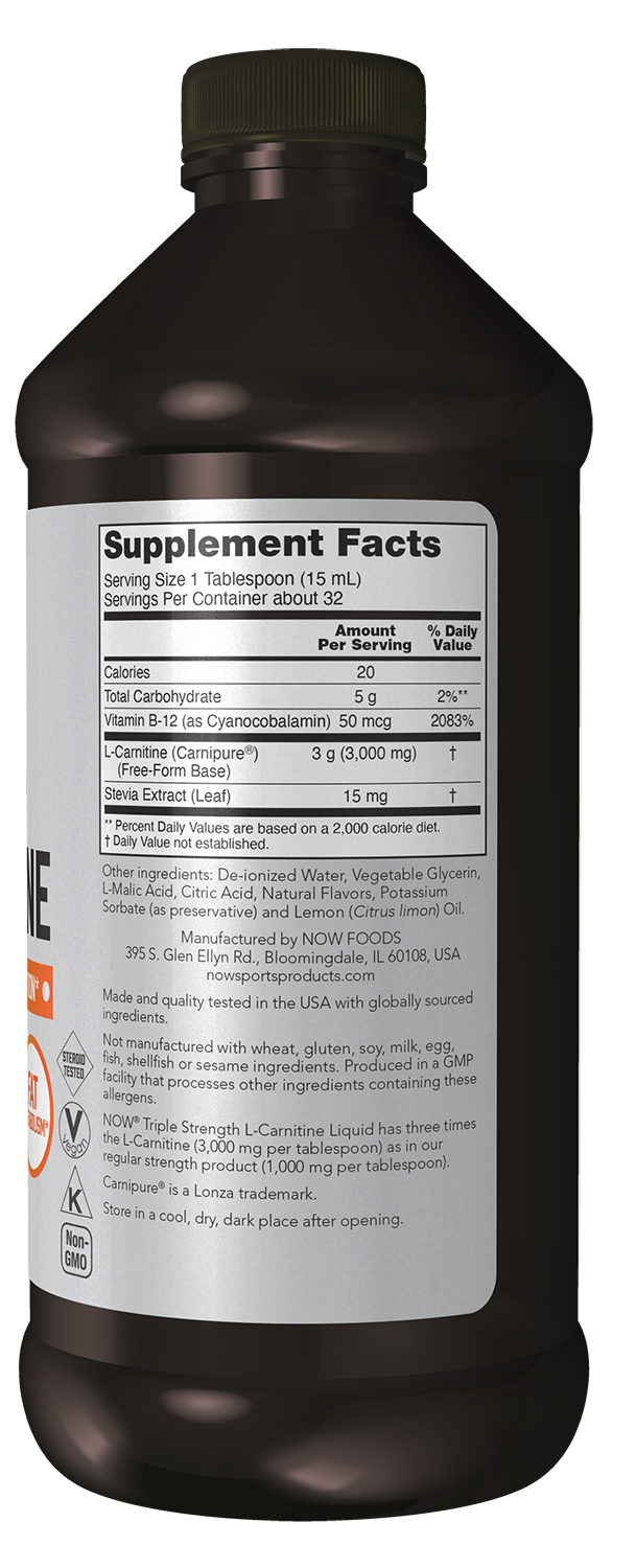 NOW Sports, L-Carnitine Liquid, 3,000 mg, Triple Strength, Citrus, 16 fl oz