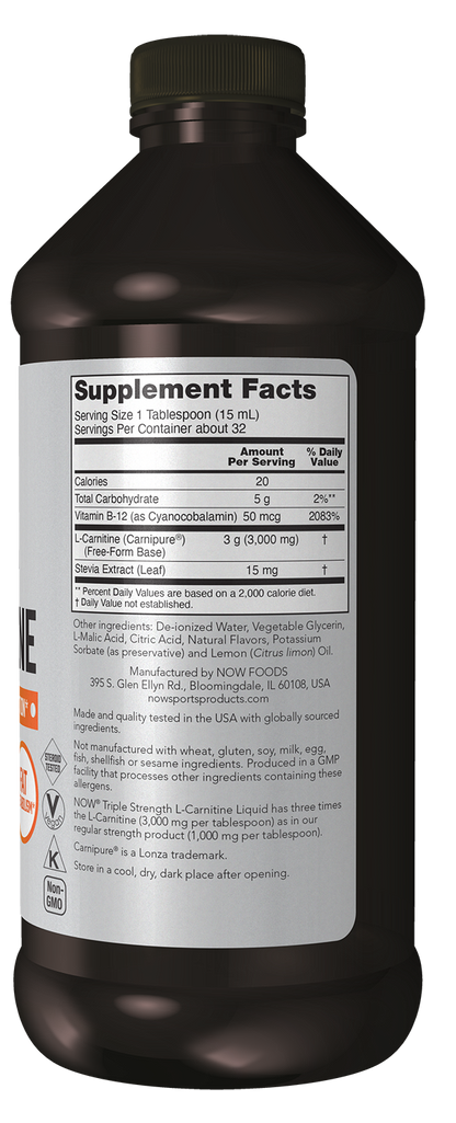 NOW Sports, L-Carnitine Liquid, 3,000 mg, Triple Strength, Citrus, 16 fl oz