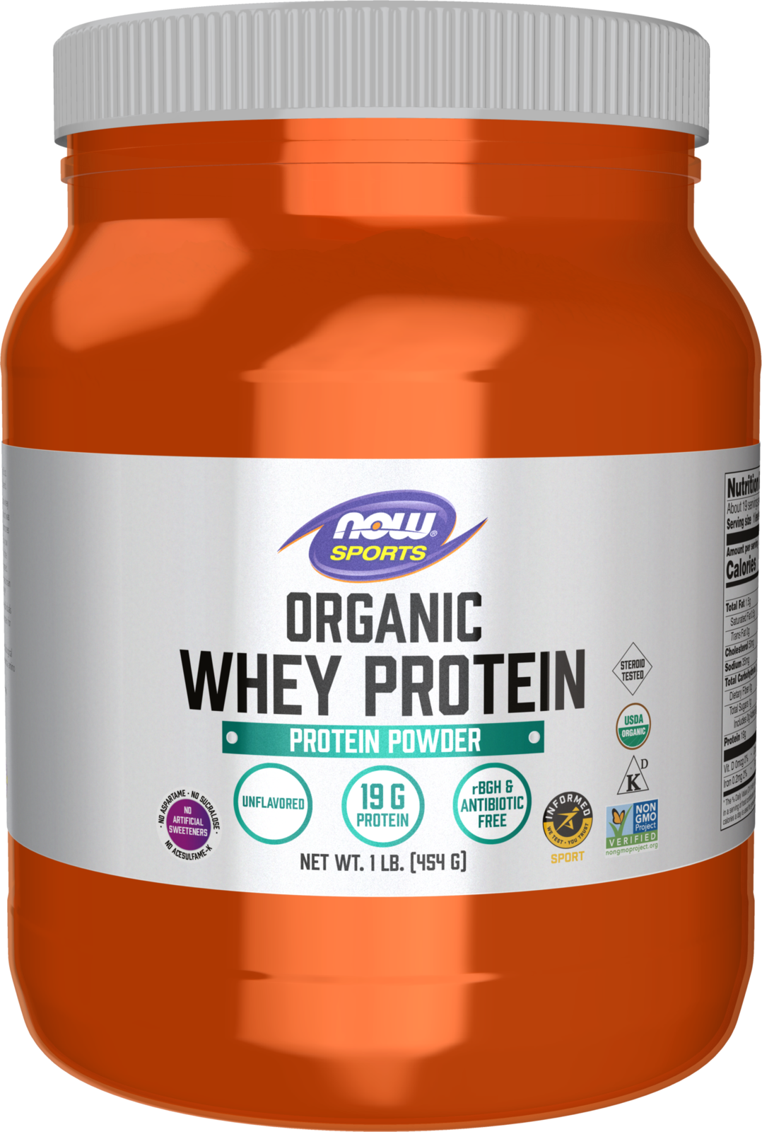 NOW Sports, Certified Organic Whey Protein 19g, Unflavored Powder, 1 lb