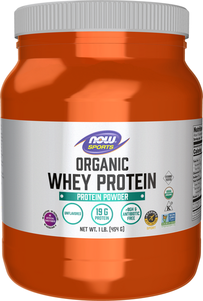 NOW Sports, Certified Organic Whey Protein 19g, Unflavored Powder, 1 lb