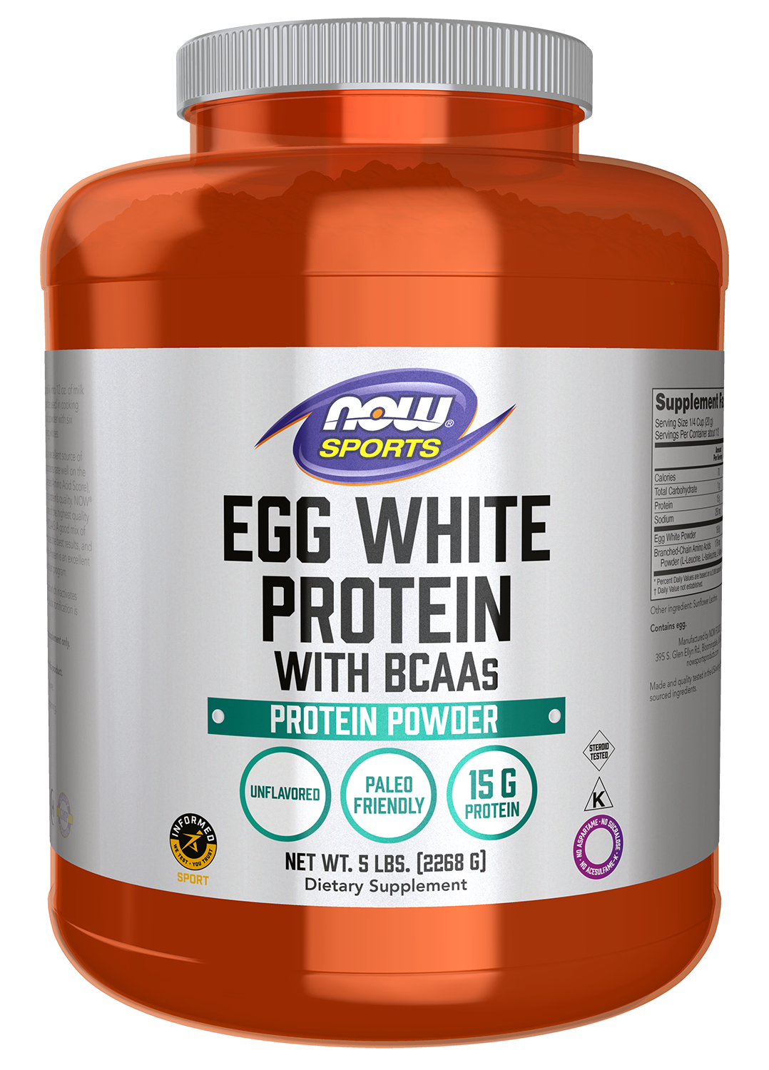 NOW Sports, Egg White Protein, 15g With BCAAs, Unflavored Powder, 5 lbs