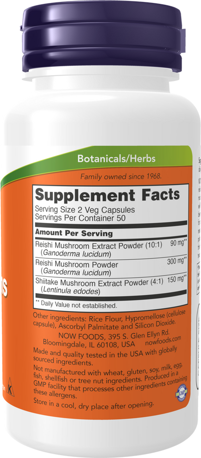 NOW Supplements, Rei-Shi Mushrooms 270 mg, Reishi, Shiitake, 100 Veg Caps