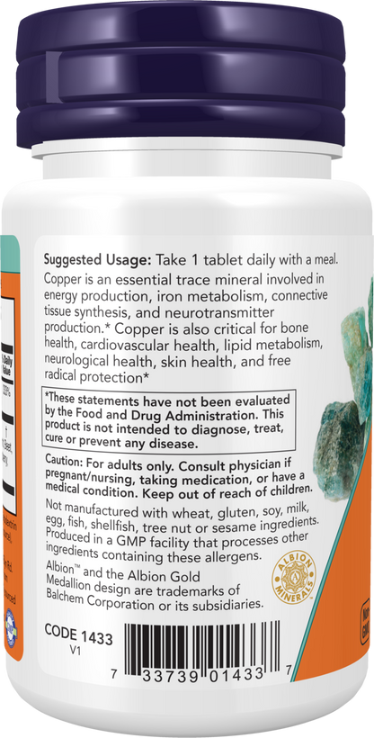 NOW Supplements, Copper Glycinate With 3 mg Albion Copper, 120 Tabs