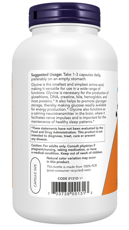 NOW Supplements, Glycine 1,000 mg, Free-Form, 250 Veg Caps