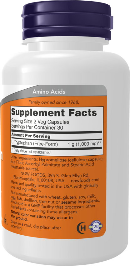 NOW Supplements, L-Tryptophan 500 mg, Supports Relaxation*, 60 Veg Caps