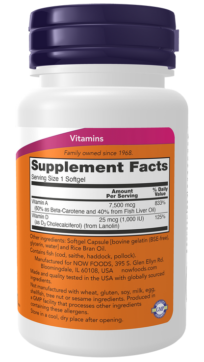 NOW Supplements, Vitamin A & D3 25,000/1,000 IU, Eye Health*, 100 Softgels