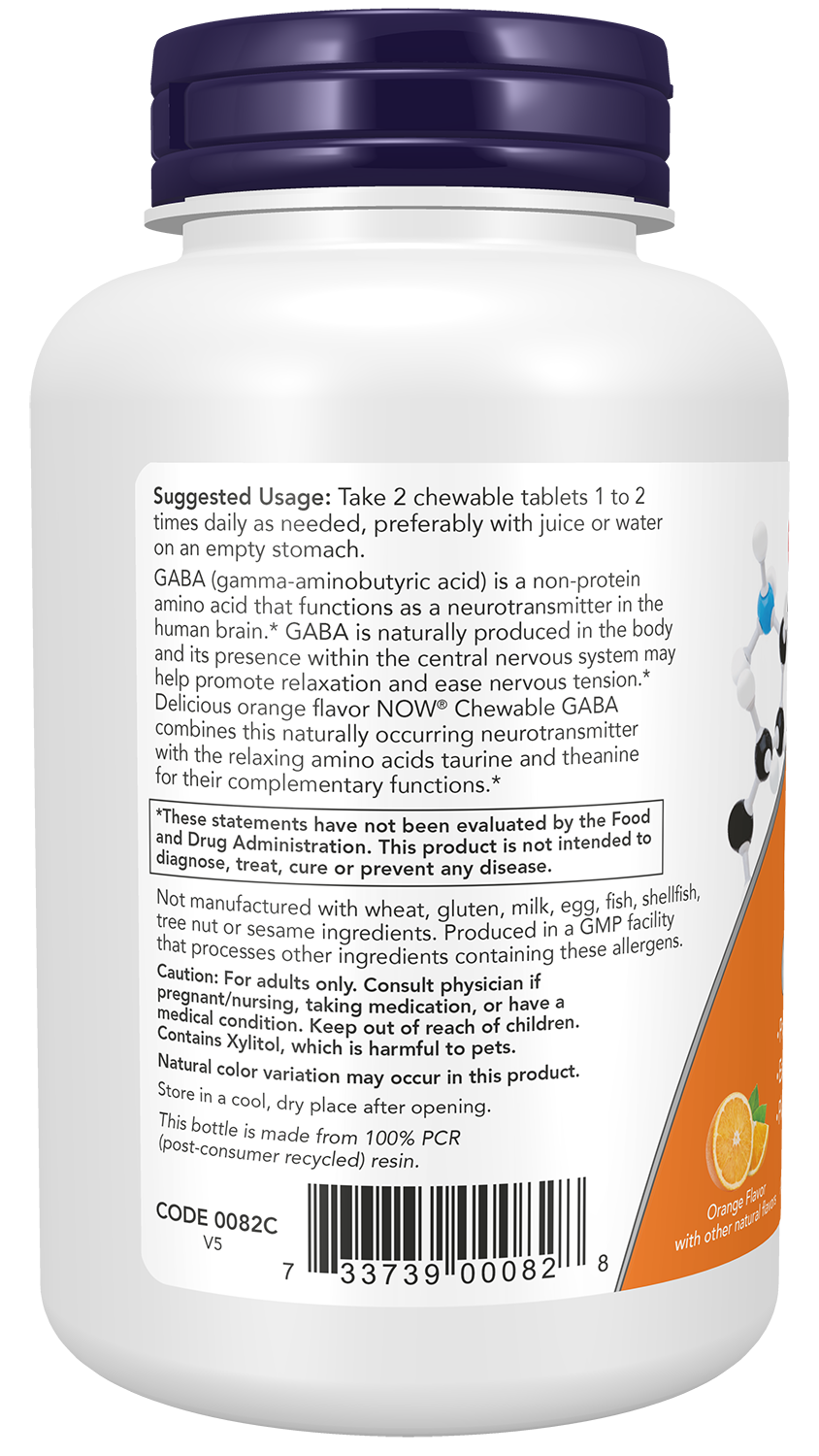NOW Supplements, GABA, Cognitive Support*, Orange Flavor, 90 Chewables