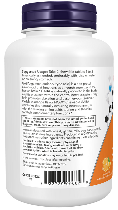 NOW Supplements, GABA, Cognitive Support*, Orange Flavor, 90 Chewables
