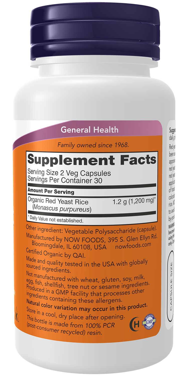 NOW Supplements, Red Yeast Rice 600 mg, Organic Red Yeast Rice, 60 Veg Caps