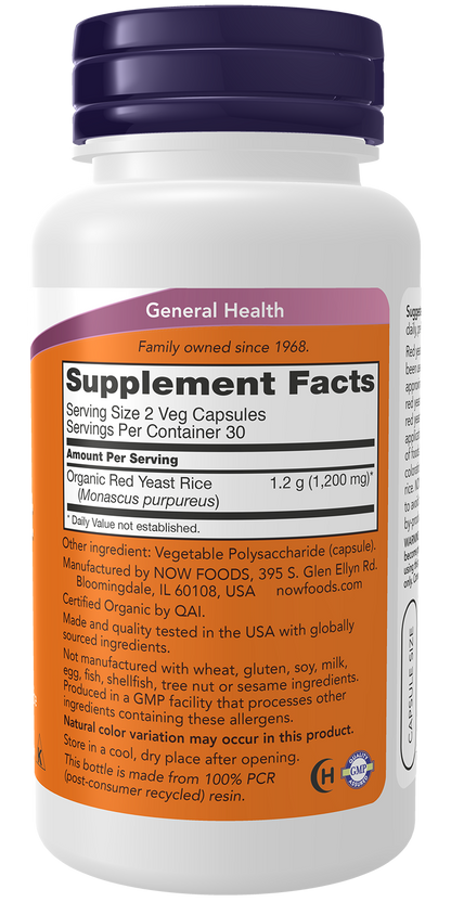 NOW Supplements, Red Yeast Rice 600 mg, Organic Red Yeast Rice, 60 Veg Caps