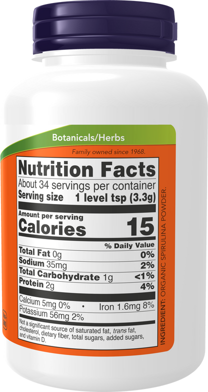 NOW Supplements, Certified Organic, Spirulina Powder, With Naturally Occurring Vitamins, Minerals and GLA, 4-Ounce