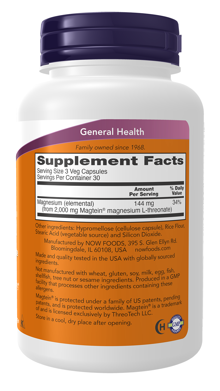 NOW Supplements, Magtein® with patented form of Magnesium, 90 Veg Caps