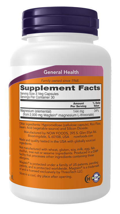 NOW Supplements, Magtein® with patented form of Magnesium, 90 Veg Caps