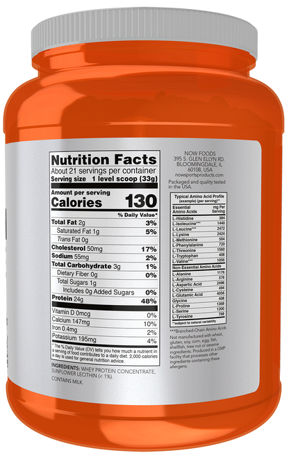 NOW Sports, Whey Protein Concentrate 24 g, Unflavored Powder, 1.5 lbs