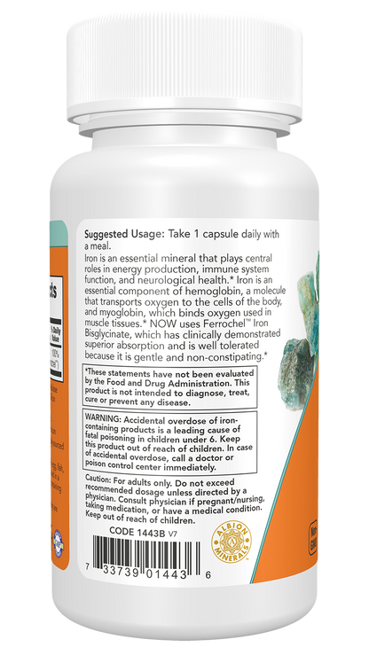 NOW Supplements, Iron 18 mg, Non-Constipating*, 120 Veg Caps