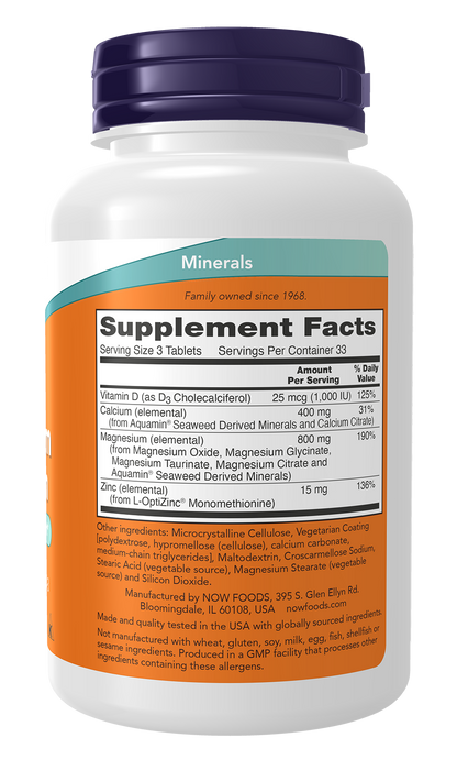 NOW Supplements, Magnesium & Calcium, With Vitamin D3 and Zinc, 100 Tabs