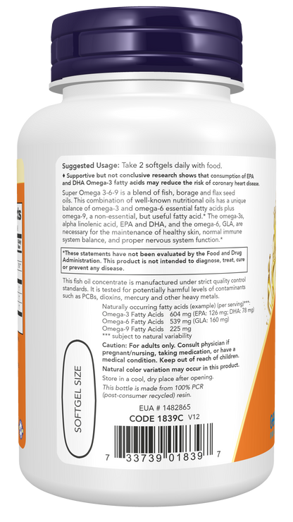NOW Supplements, Super Omega 3-6-9 Oil Fish, Borage, Flax Seed, 90 Softgels