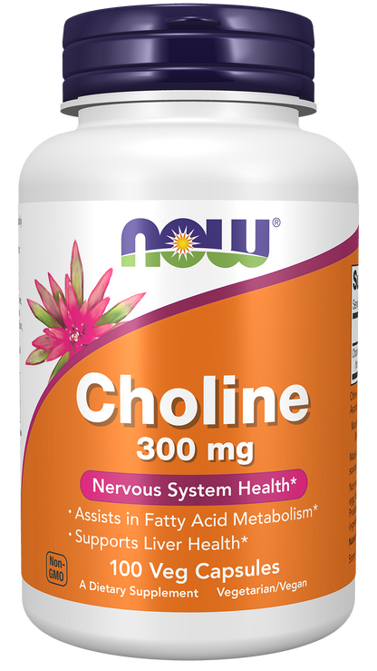 NOW Supplements Choline 300 mg, 100 Veg Capsules - Supports Nervous System and Liver Health*, Vegan