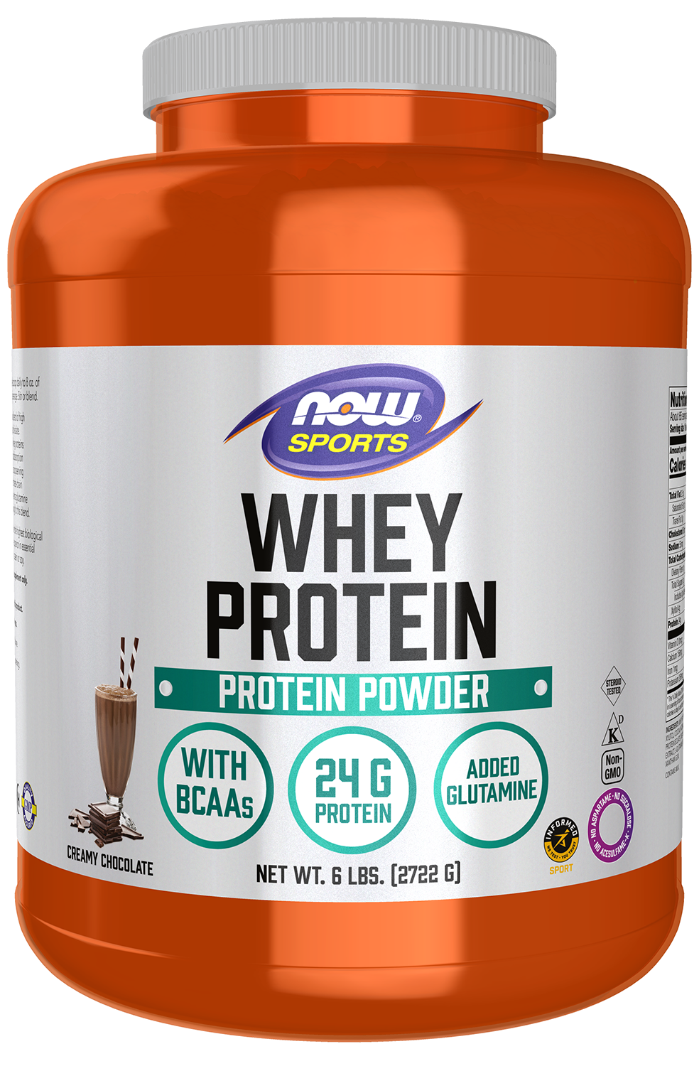 NOW Sports, Whey Protein 24 g With BCAAs, Creamy Chocolate Flavor, 6 lbs