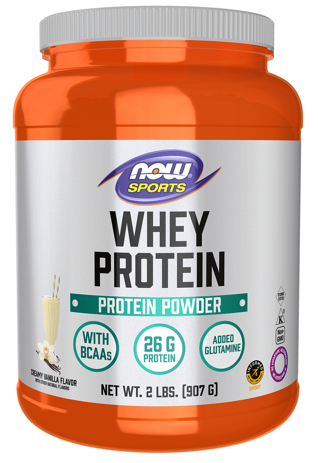 NOW Sports, Whey Protein 26 g With BCAAs, Creamy Vanilla Flavor, 2 lbs