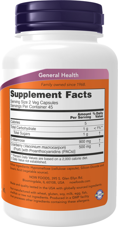 NOW Supplements, Mannose Cranberry, Dual Action Formula*, 90 Veg Caps
