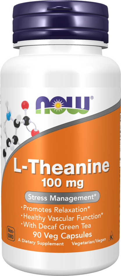 NOW Supplements, L-Theanine 100 mg with Decaf Green Tea, 90 Veg Caps