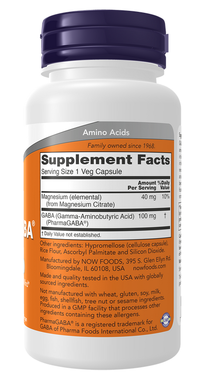 NOW Supplements, PharmaGABA 100 mg with Magnesium Citrate, 90 Veg Caps