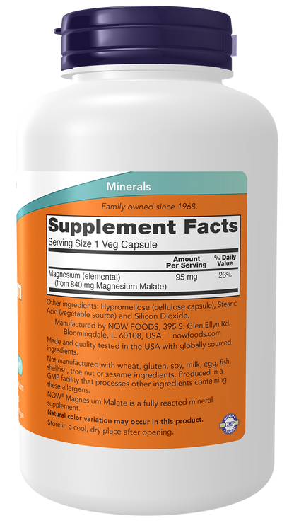 NOW Supplements, Magnesium Malate Caps with 95 mg of Elemental Magnesium, Nervous System Support*, 180 Veg Capsules