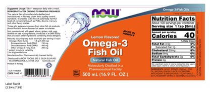 NOW Supplements, Omega-3 Fish Oil Liquid, Lemon Flavored, 16.9-oz