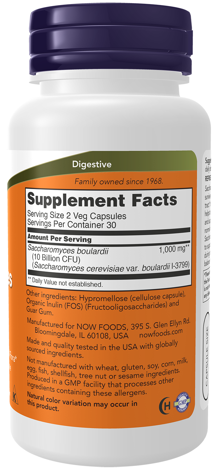 NOW Supplements, Saccharomyces Boulardii, 5 Bil CFU Probiotic, 60 Veg Caps