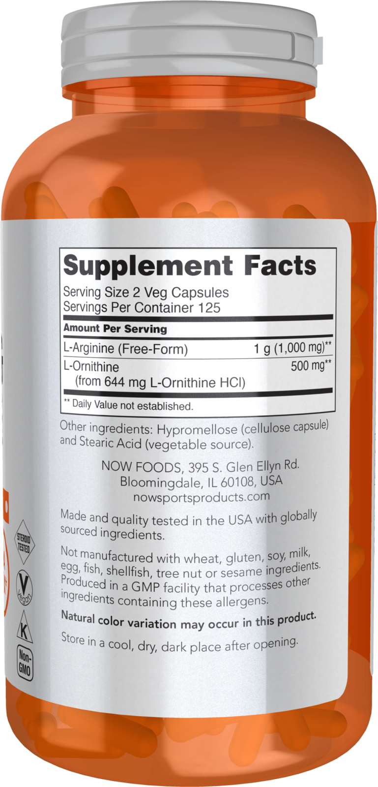NOW Sports, Arginine & Ornithine 500/250 mg, Amino Acids, 250 Veg Caps