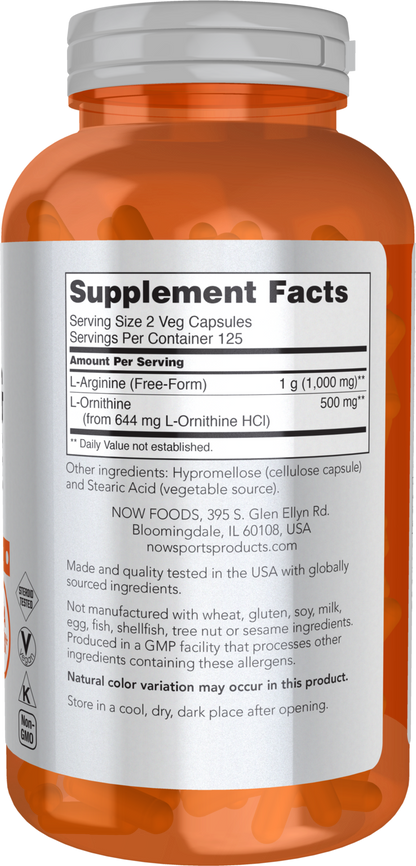 NOW Sports, Arginine & Ornithine 500/250 mg, Amino Acids, 250 Veg Caps