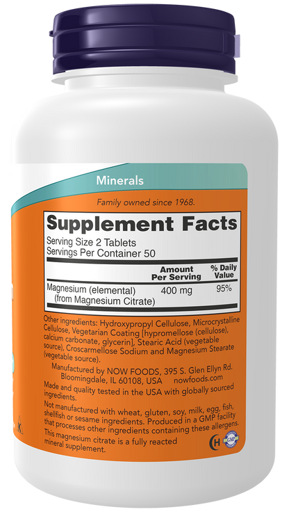 NOW Supplements, Magnesium Citrate 200 mg, Enzyme Function*, 100 Tabs