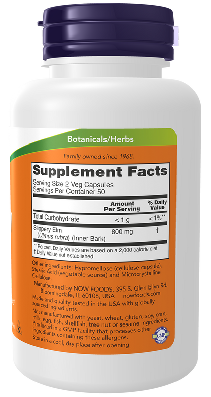 NOW Supplements, Slippery Elm 400 mg, Herbal Supplement, 100 Veg Caps