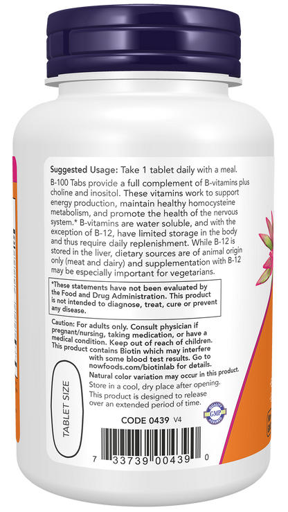NOW Supplements, Vitamin B-100, Sustained Release, 100 Tabs