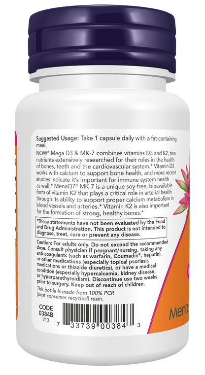 NOW Supplements, Mega D-3 & MK-7 with Vitamins D-3 & K-2, 60 Veg Caps
