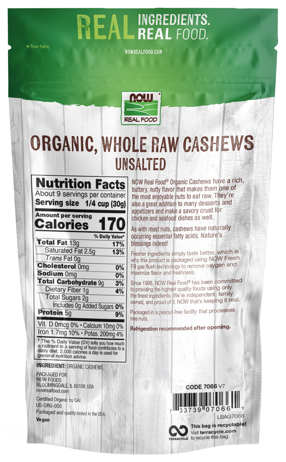 NOW Foods, Certified Organic Cashews, Whole, Raw, Unsalted, 10 oz
