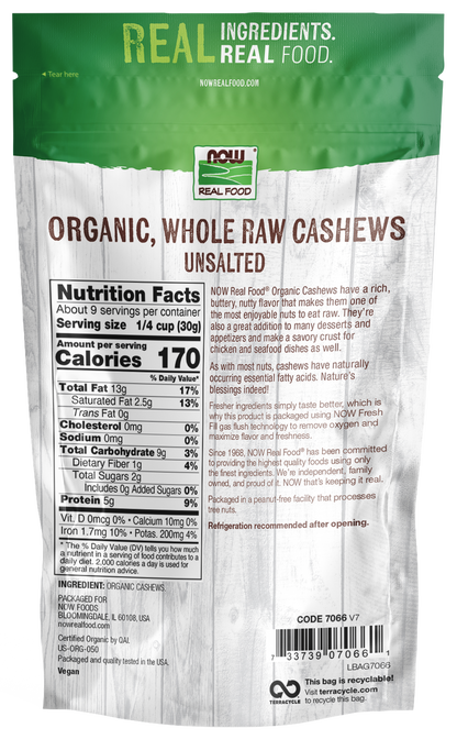 NOW Foods, Certified Organic Cashews, Whole, Raw, Unsalted, 10 oz